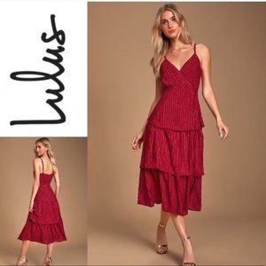 LULUS Blaine Wine Red Striped Tiered Midi Dress L